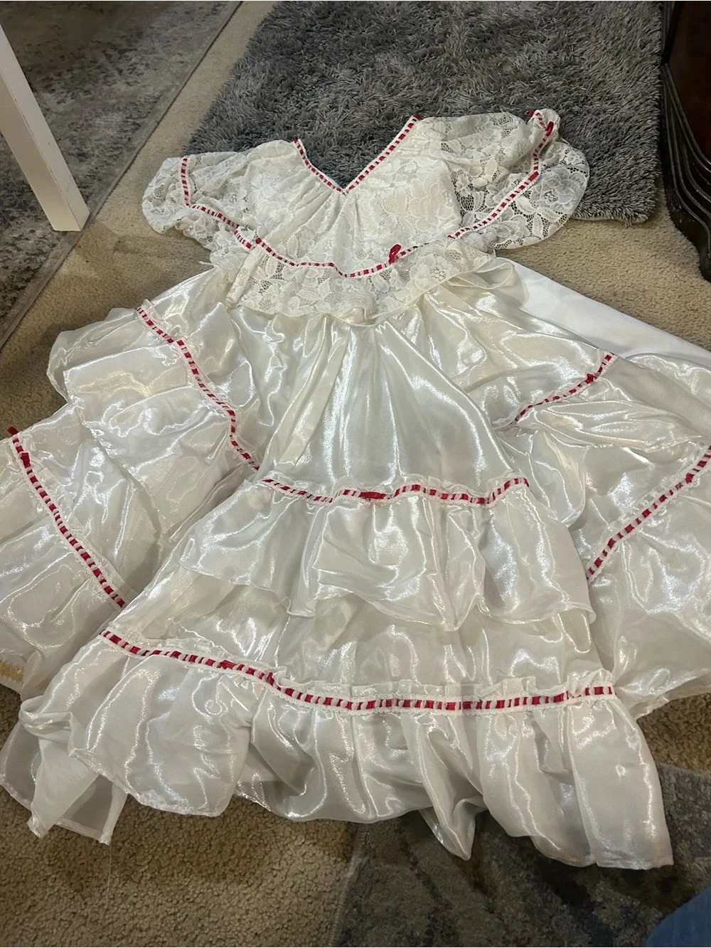 Veracruz Folkloric White & Red Trim Girls' Traditional Ruffled Costume Dress